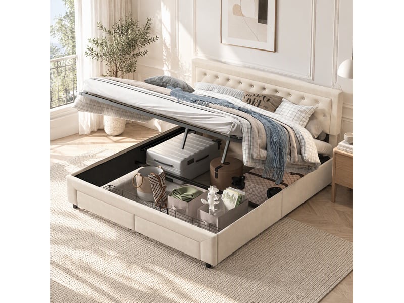 Lit double 160x200cm, lit coffre avec rangement hydraulique et 2 tiroirs, lit adulte avec sommier à lattes, lit capitonné en velours beige, sans matelas - Conforama C