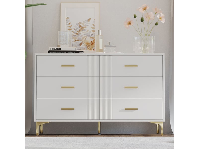  Commode 6 tiroirs 120 x 40 x 76 cm, surface rainurée élégante, pieds surélevés anti-humidité, mdf, blanc  - Conforama R
