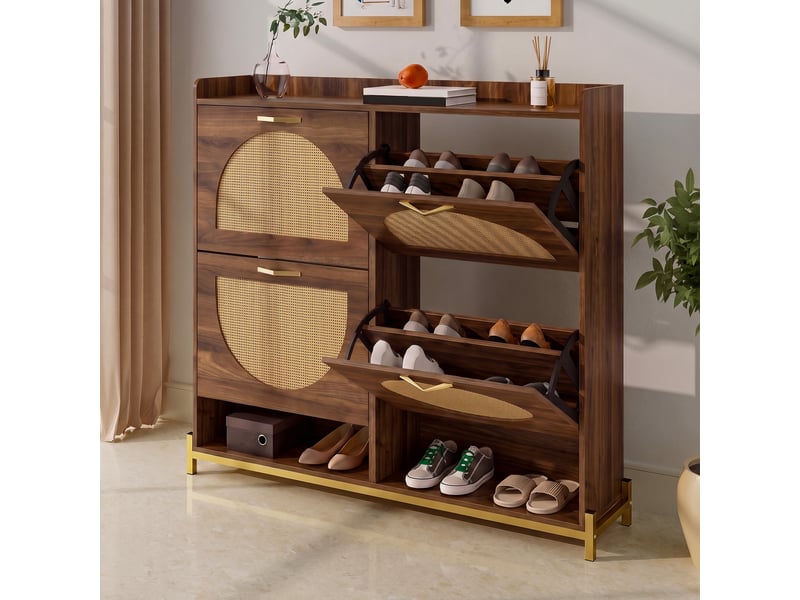  Meuble à chaussures 4 abattants avec façade effet rotin, finition noyer  - Conforama C
