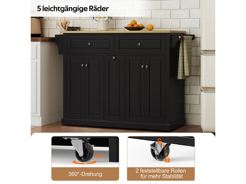  Îlot de cuisine mobile bois naturel et noir en mdf, plateau rabattable, roulettes verrouillables, 121 × 49 (69) × 89 cm  - Conforama C