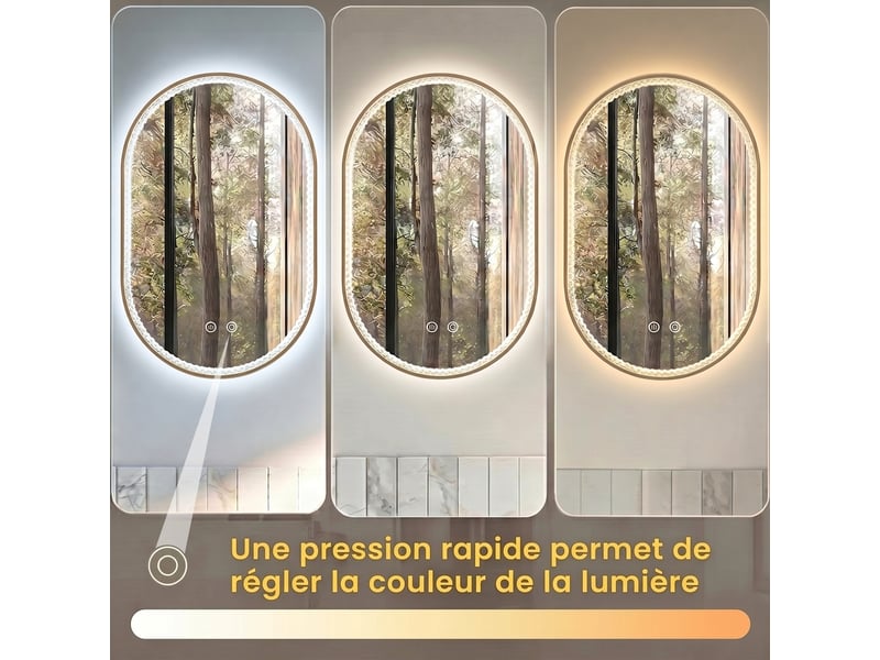  Miroir de salle de bain ovale led 50x80 cm, anti-buée, avec cadre doré brossé  - Conforama D
