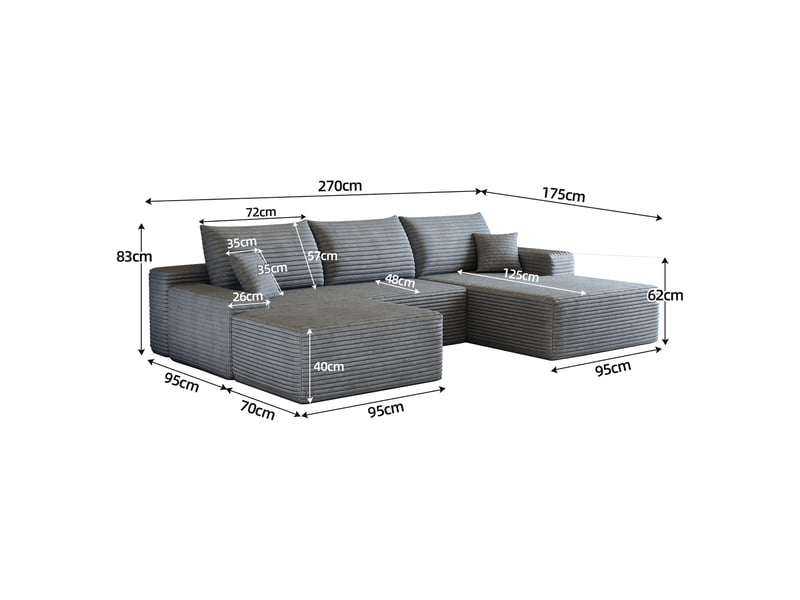 Canapé d’angle modulable 270 x 175 x 83 cm 3 places avec pouf, méridienne en l, assise profonde, sans montage, gris Bliss Lite - Conforama C