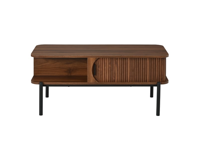 Table basse moderne 100 × 45 × 43 cm avec rangement, portes coulissantes et pieds métal noirs - Conforama A