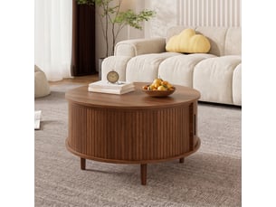 Table basse ronde salon noyer plateau relevable avec rangement compartimenté et porte coulissante 80x80x59 cm