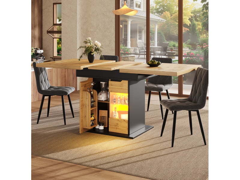  Table à manger extensible 110-140 x 80 x 76 cm, éclairage led intégré, couleur noir et naturel, compartiment en-cas, en mdf et verre trempé  - Conforama E