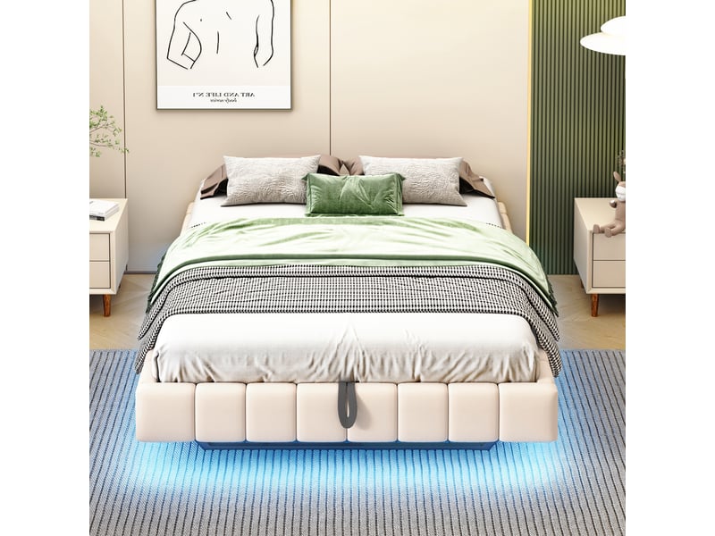 Lit coffre sans tête de lit 140 x 200 cm, coffre à relevage hydraulique, éclairage led, sans tête de lit, effet suspendu, tissu effet lin, beige ABC - Conforama D
