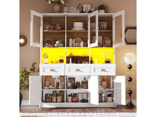 Buffet de cuisine - buffet haut avec éclairage led et portes acryliques - 3 tiroirs, étagères réglables 140x40x175 cm - blancnoir