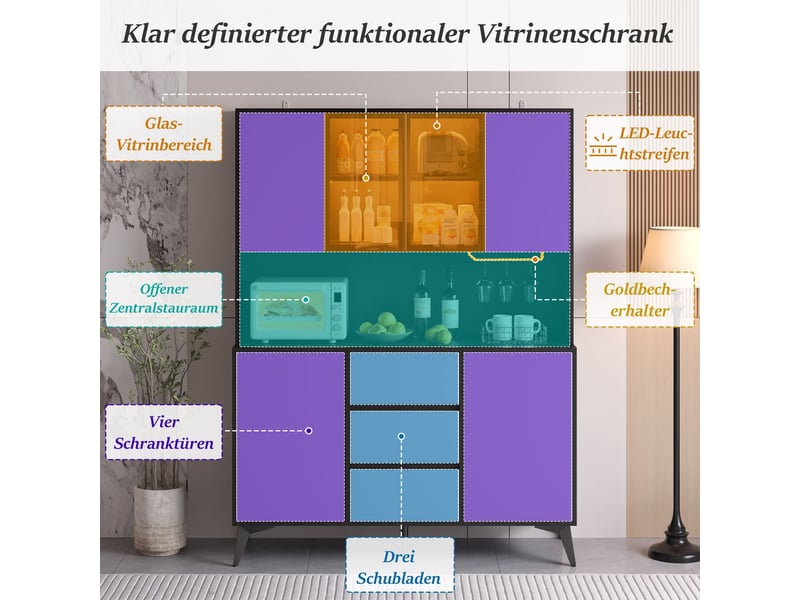  Vitrine meuble de rangement à façade vitrée format haut 3 tiroirs support à verres doré finition noir et blanc  - Conforama D