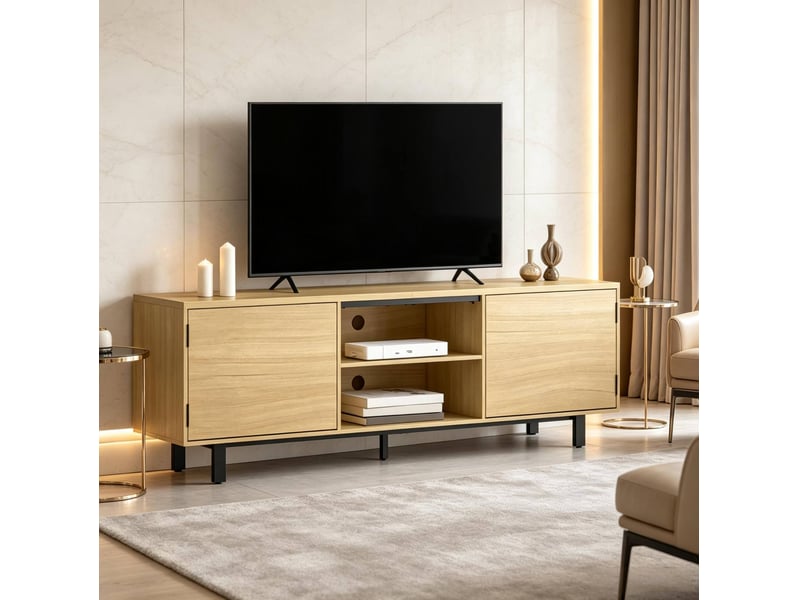 Meuble tv tcqpz 160 x 35 x 55,5 cm pour écran jusqu’à 65 pouces avec 2 portes et 2 niches bois naturel noir  - Conforama D