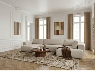 Canapé d'angle gauche convertible <strong>BOBOCHIC</strong> <strong>DENISE</strong> 6 places Tissu beige avec coffre de rangement