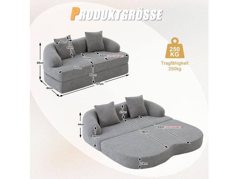  Canapé convertible 2 places 157*84*65 cm en chenille avec deux coussins gris clair chicfurn  - Conforama D