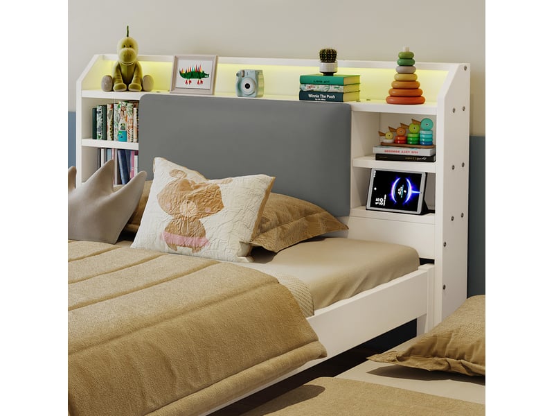  Lit gigogne jeune 120x200 cm, espace de rangement, avec led, rangement et station de charge, bois, blanc, sans matelas  - Conforama E