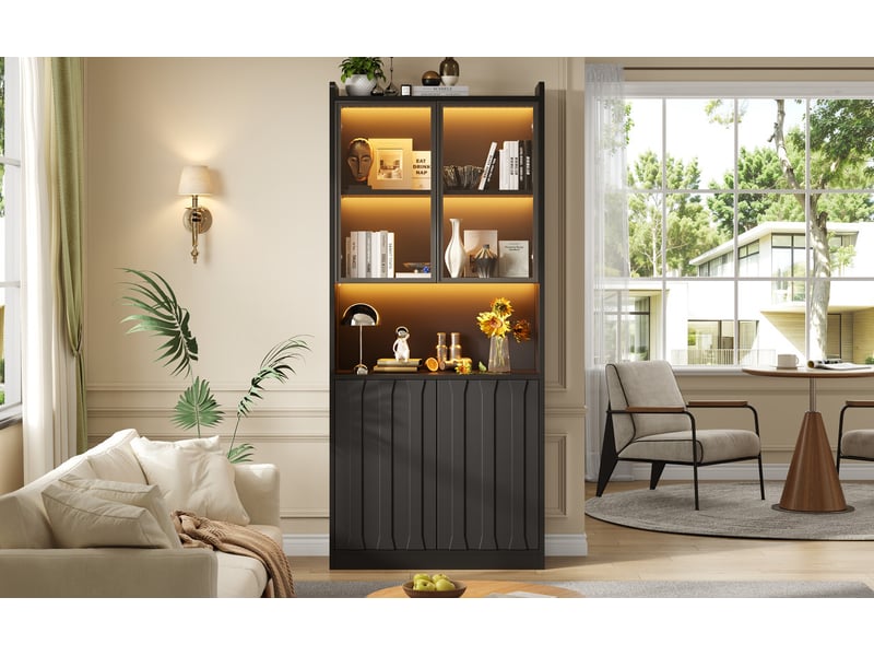  Vitrine avec portes vitrées, éclairage led et étagère ouverte,80 x 35 x 200 cm, noir  - Conforama B