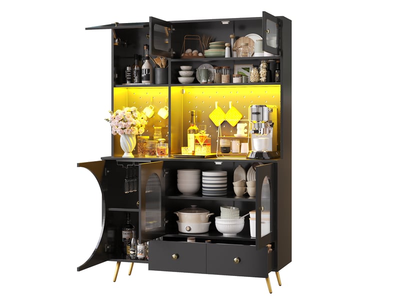  Meuble de cuisine muvano, buffet haut noir avec éclairage led, prises usb et rangements, 120 x 40 x 176 cm  - Conforama A