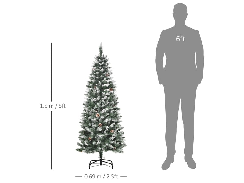  Sapin de noël vert et blanc effet enneigé de 150 cm avec 464 pointes et 28 pommes de pin (plastique et métal)  - Conforama E