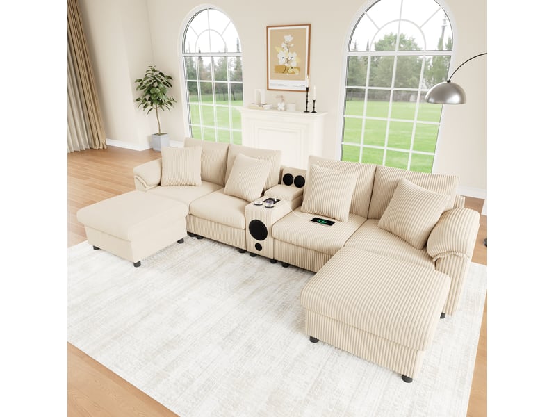  Canapé d'angle modulable 4 à 6 places en velours côtelé beige avec enceinte bluetooth  - Conforama B