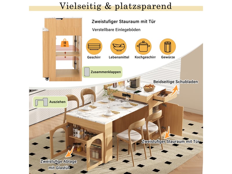  Îlot de cuisine extensible avec 2 tiroirs et multiprise intégrée, coloris naturel DE000049AAN - Conforama E