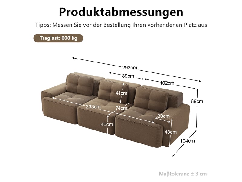 Canapé d'angle, canapé modulable – 3 places, sans cadre, sans montage, style cloud, en velours tricoté, marron - Conforama D