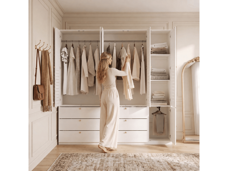 Armoire 5 portes blanche 225x200 cm avec portes persiennes, 6 tiroirs et 3 penderies - Conforama B