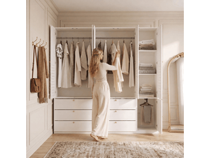 Armoire 5 portes blanche 225x200 cm avec portes persiennes, 6 tiroirs et 3 penderies
