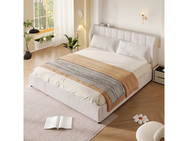  Lit capitonné 180x200 avec sommier à lattes inclus, tête de lit rembourrée, velours beige  - Conforama D