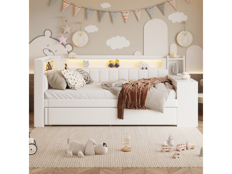  Lit gigogne rembourré 90x200cm coloris blanc mdf led lit enfant blanc - Conforama D