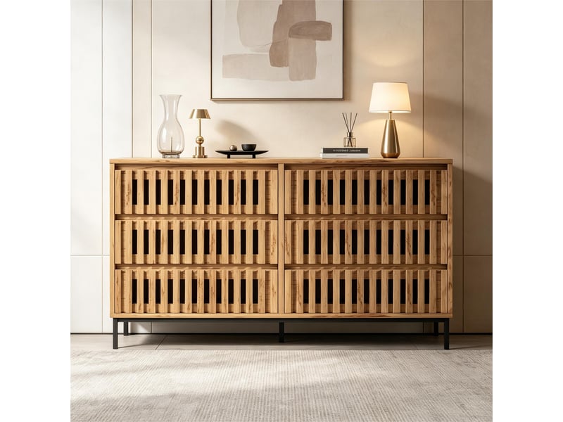 Commode 6 tiroirs à lattes pour chambre en mdf et panneaux de particules 120×40×81 cm naturel - Conforama D
