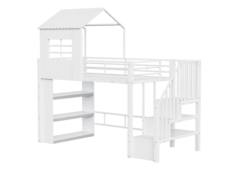 Lit enfant 90x200, garde-corps haut lit cabane enfant, rangement étagères intégrées, escalier sécurisé modulable, structure métal - Conforama A