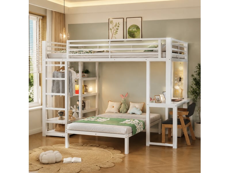 Lit mezzanine enfant 90 x 200 cm avec bureau, rangements et lit bas mobile blanc - Conforama D