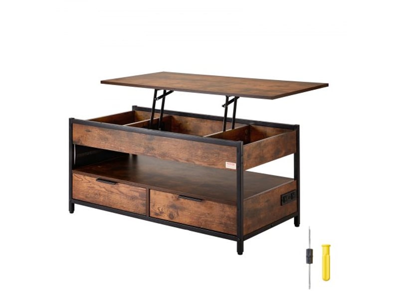  Table basse avec plateau relevable, 1000 mm, table basse de salon rectangulaire avec poche de rangement supplémentaire, table basse escamotable avec multiprise, usb, éclairage d'ambiance, marron  - Conforama A