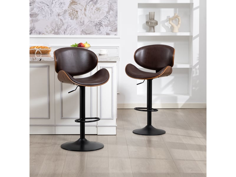  Tabourets de bar pivotants lot de 2 marron pu réglables en hauteur avec dossier ergonomique et repose-pieds  - Conforama B