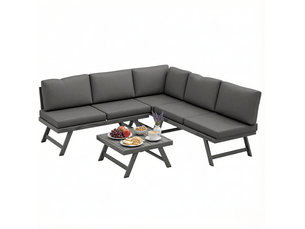 Salon de jardin d’angle 5 places avec dossiers inclinables, table basse, gris