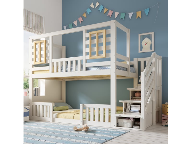  Lit superposé enfant 2 couchages 90x200 cm avec escalier de rangement, blanc  - Conforama C