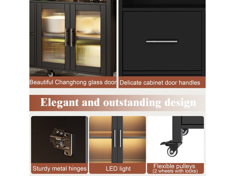  Îlot de cuisine roulant avec plateau rabattable, led et rangements - lpospi - portes en verre, mdf noir 139 × 40 × 94 cm  - Conforama E