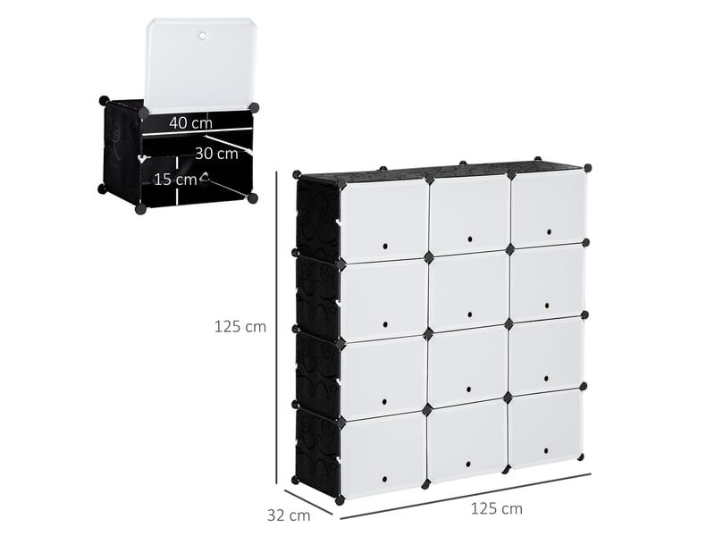 Meuble à chaussures modulable 125 x 32 x 125 cm – noir et blanc – 12 cubes de rangement avec portes - Conforama C