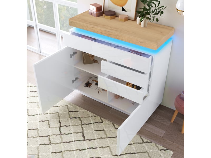 Buffet haut blanc brillant 2 portes, 3 tiroirs et éclairage led, 110 x 39 x 115 cm - Conforama D