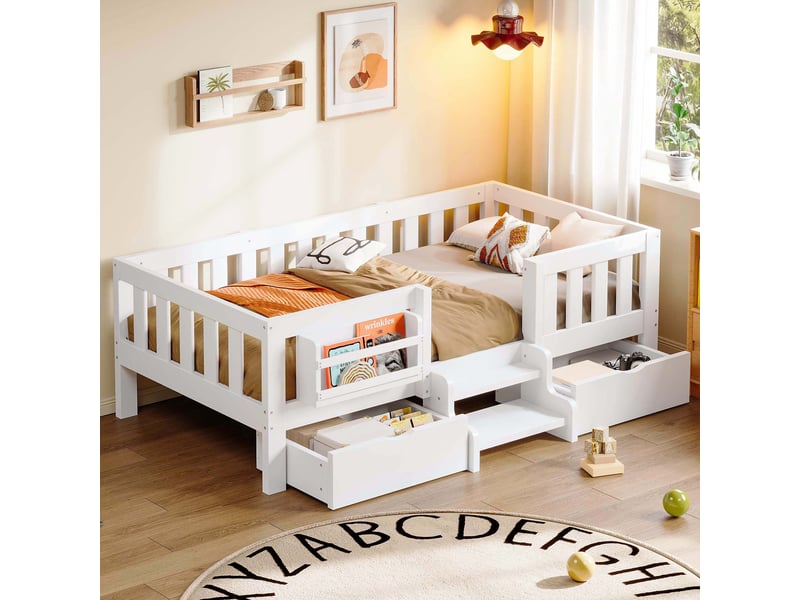  Lit enfant 90x200 cm avec 2 tiroirs, garde-corps, bibliothèque et escalier à 2 marches blanc Fay Lum - Conforama B