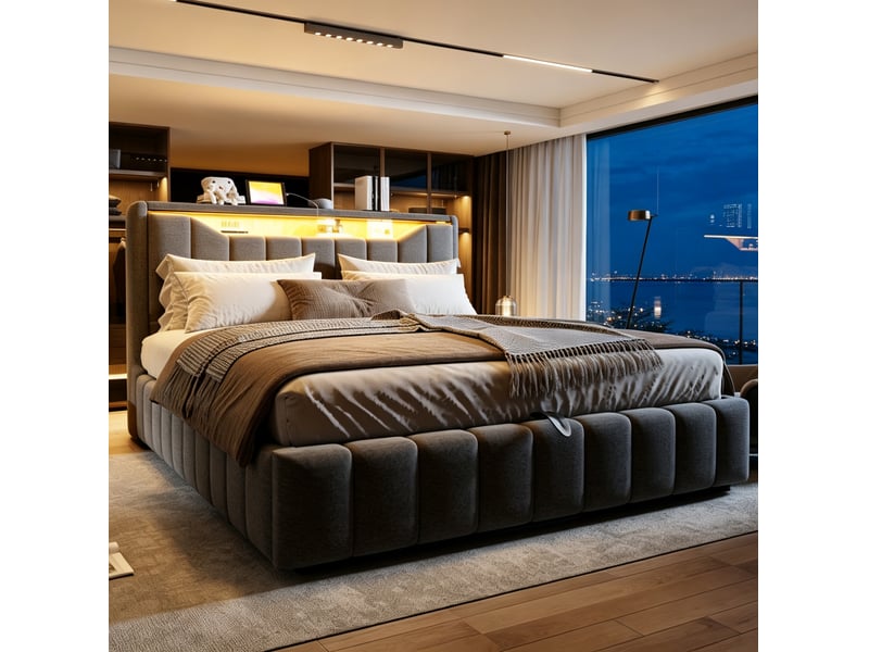  Lit coffre modenvie 180 x 200 cm avec rangement hydraulique, led, usb et usb-c, tissu en lin gris  - Conforama D