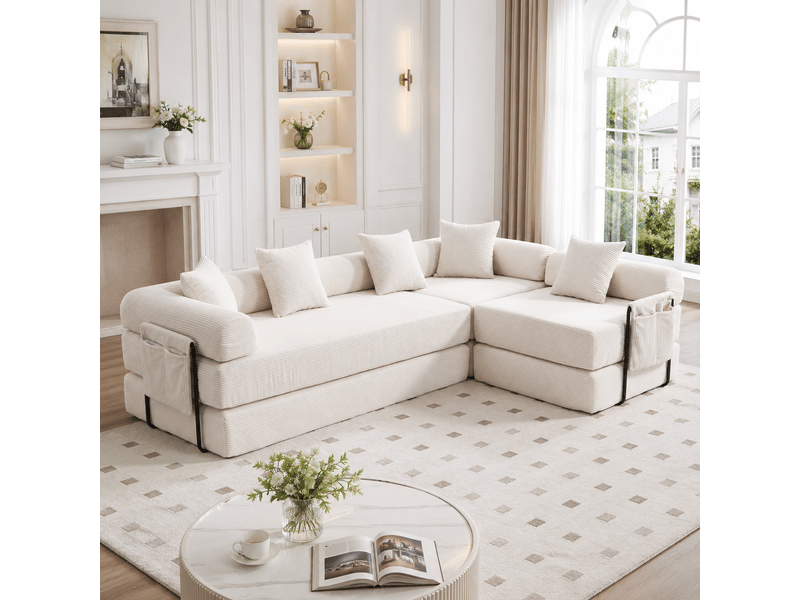  Canapé modulable beige velours côtelé, canapé familial avec rangement, convertible lit d'appoint  - Conforama B
