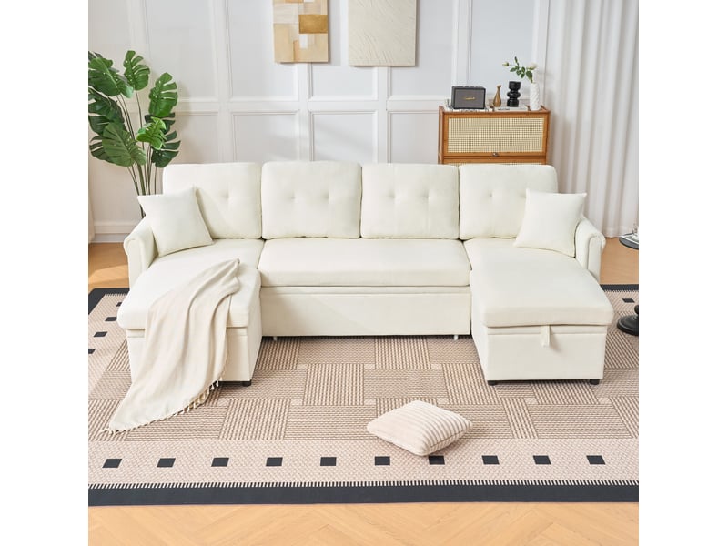  Canapé d’angle en u modenvie convertible avec coffres de rangement, 266 x 130 x 85 cm, chenille beige  - Conforama D