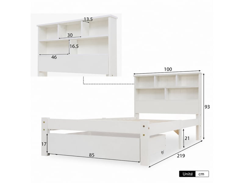  Lit avec tiroirs une place en bois massif, avec tête de lit à 6 compartiments et rangement, 90×200 cm, sans matelas  - Conforama D