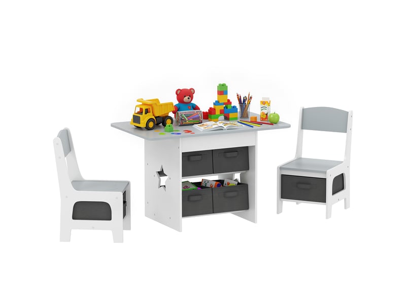  Ensemble table et 2 chaises enfant avec 6 tiroirs amovibles, pour fille garçon 3-8 ans, gris  - Conforama A