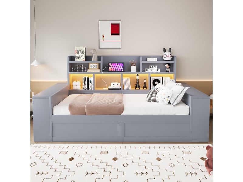 Lit banquette 1 place 90 x 200 cm en bois gris, coffre hydraulique, rangements intégrés au dossier et aux accoudoirs, prise électrique, éclairage led - Conforama C