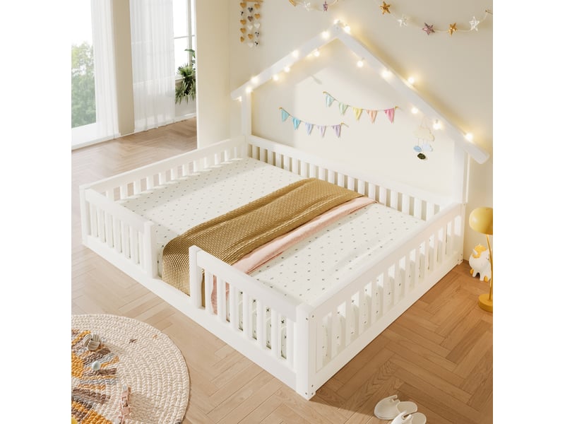  Lit cabane enfant 140x200 cm en bois avec barrière blanc  - Conforama E