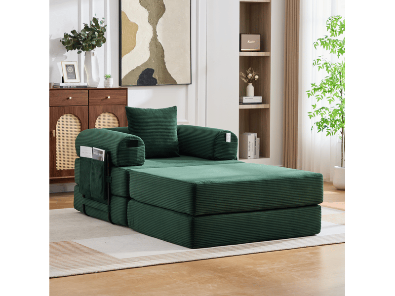 Fauteuil 1 place compressé avec repose-pieds et coussin en velours côtelé vert émeraude - Conforama D