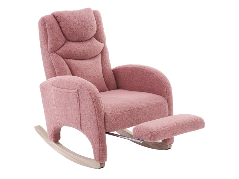 Fauteuil à bascule 66 x 125 x 101 cm rose en tissu peluche, repose-pieds pliable et appui-tête intégré - Conforama A