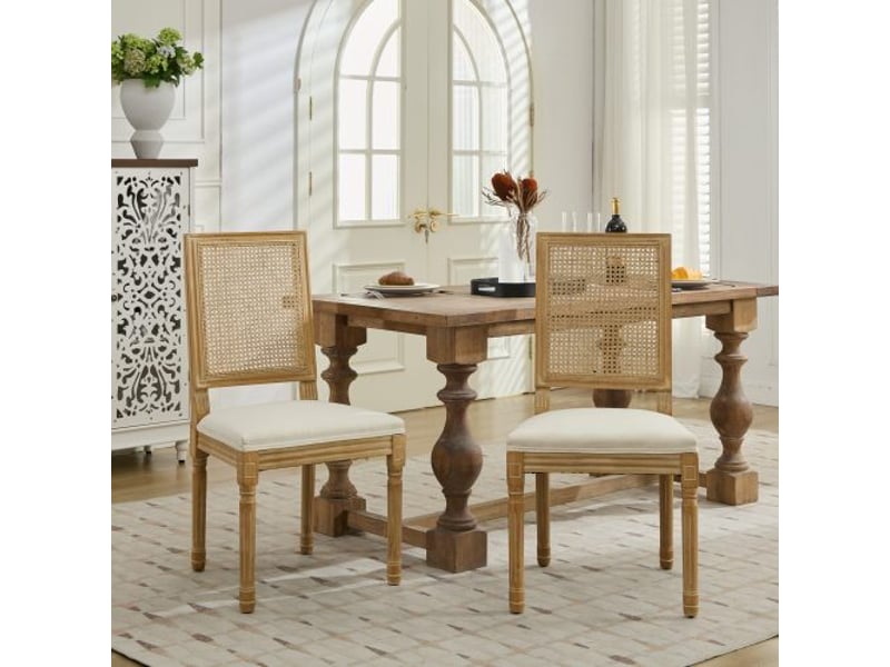  Chaises de salle à manger style ferme-lot 2-cadre bois massif, dossier rotin, assise lin, mousse et ressorts acier  - Conforama B