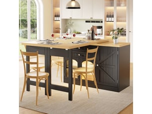 Îlot de cuisine extensible 120-194x49x73,5 cm avec table à manger pivotante 360° avec portes vitrées, tiroirs et étagères, mdf, noir