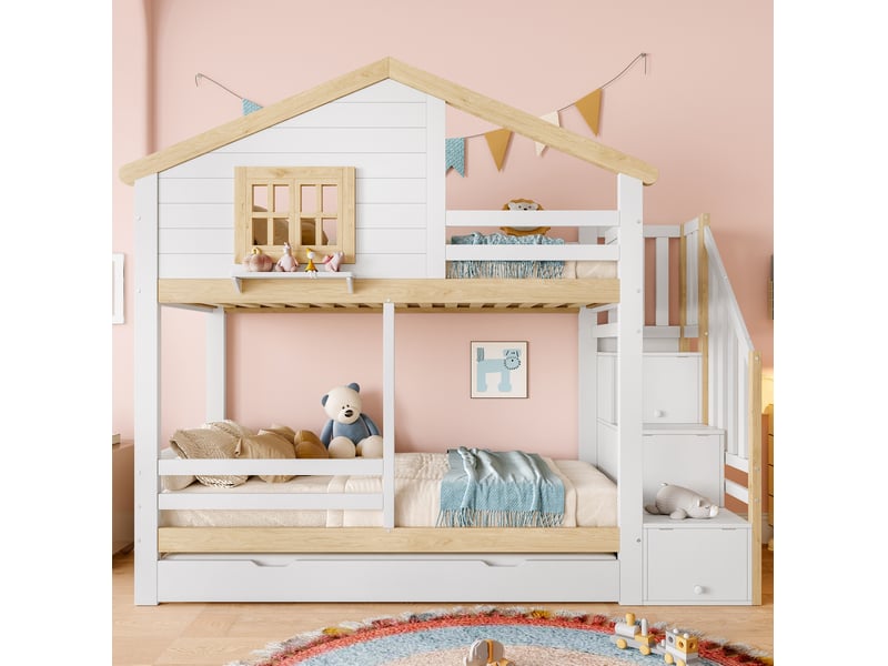  Lit superposé enfant 90 x 200 cm blanc et naturel avec lit gigogne et escalier de rangement  - Conforama D