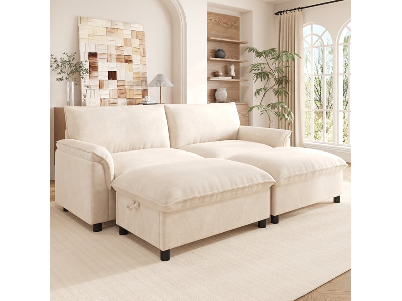 Canapé modulable 4 places convertible en chenille beige avec 2 poufs mobiles - Conforama E